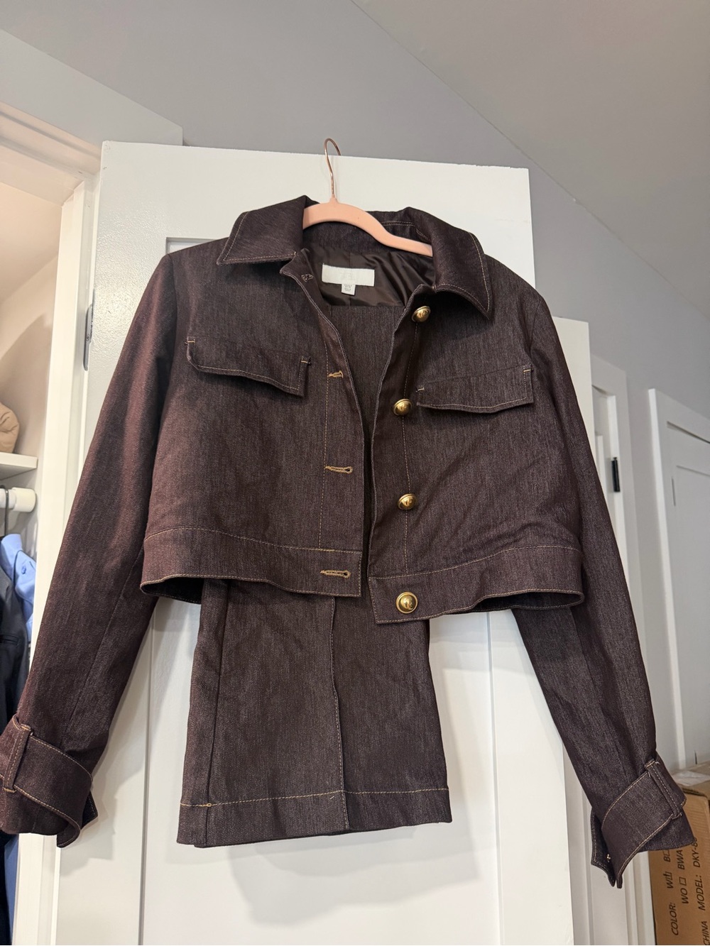Zara Cropped Dark Brown Denim Jacket with Gold Buttons